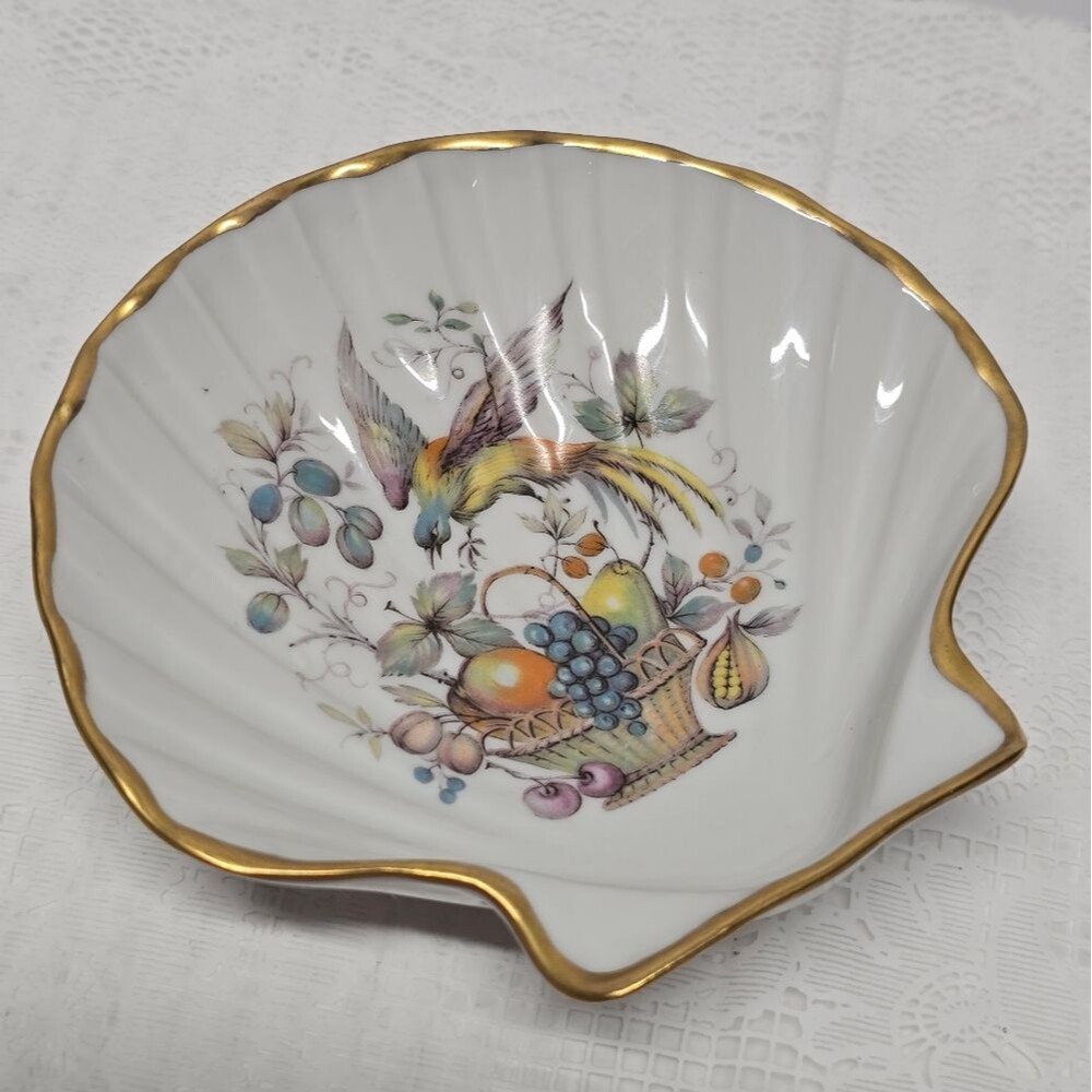 Vintage Limoges France Porcelain Scalloped Trinket Dish Paradise Bird w Fruits
